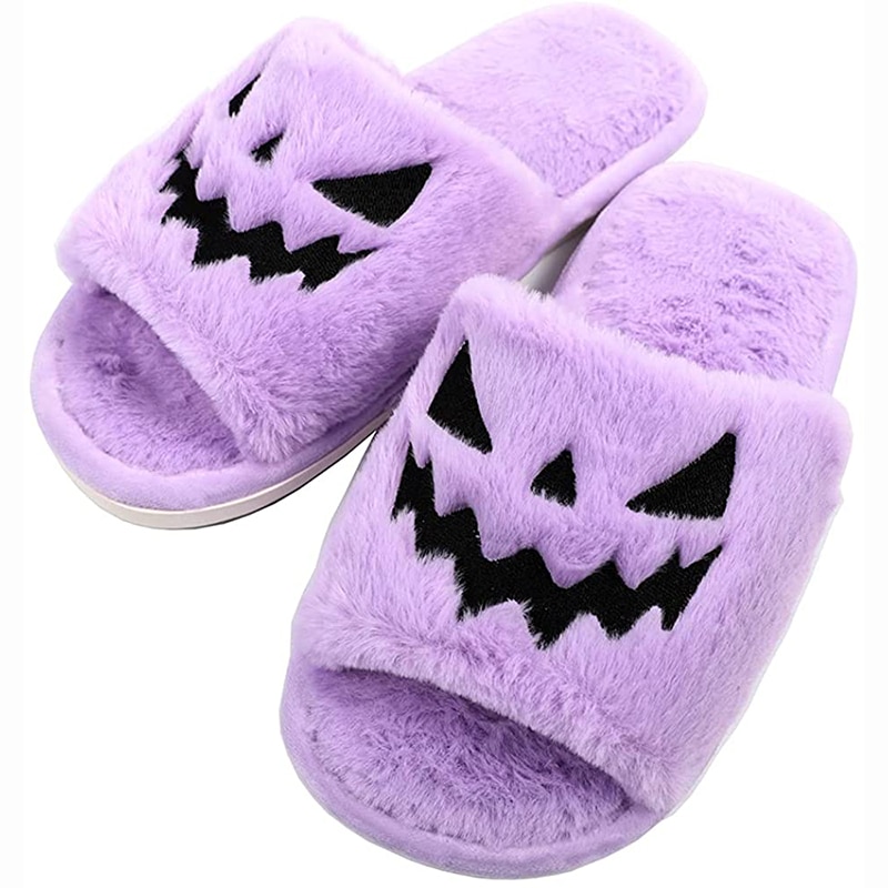 2021 New Purple Halloween Fuzzy House Slippers - Jack O Lantern Pumpkin Shoes Funny Kawaii Slippers for Girls Claquette Femme