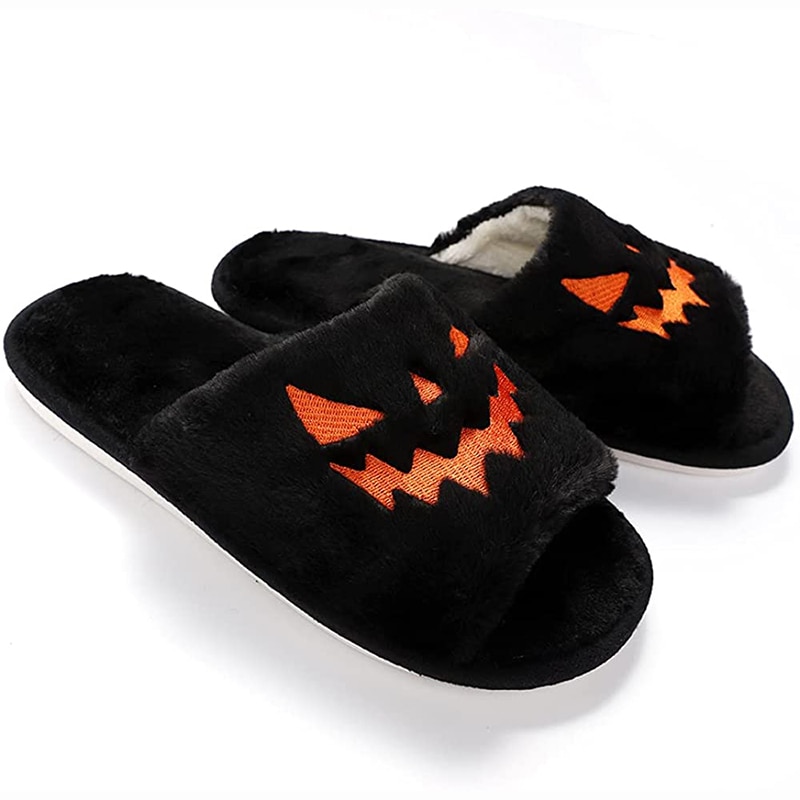 2021 New Purple Halloween Fuzzy House Slippers - Jack O Lantern Pumpkin Shoes Funny Kawaii Slippers for Girls Claquette Femme