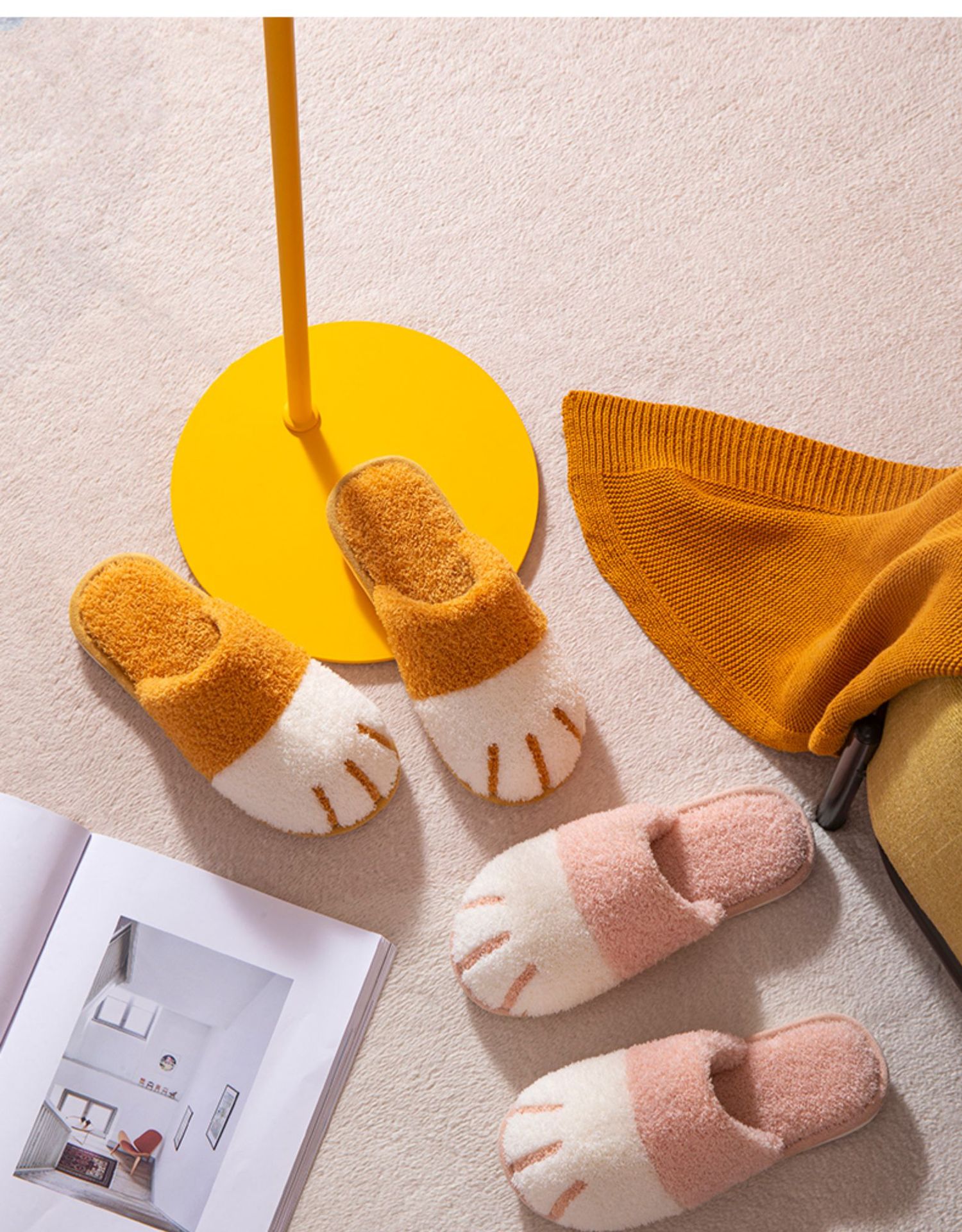 2021 New Cotton Slippers Female Autumn And Winter Home Cartoon Cute Cat Claw Plush Couple Warm Indoor Soft-soled Slippers Male