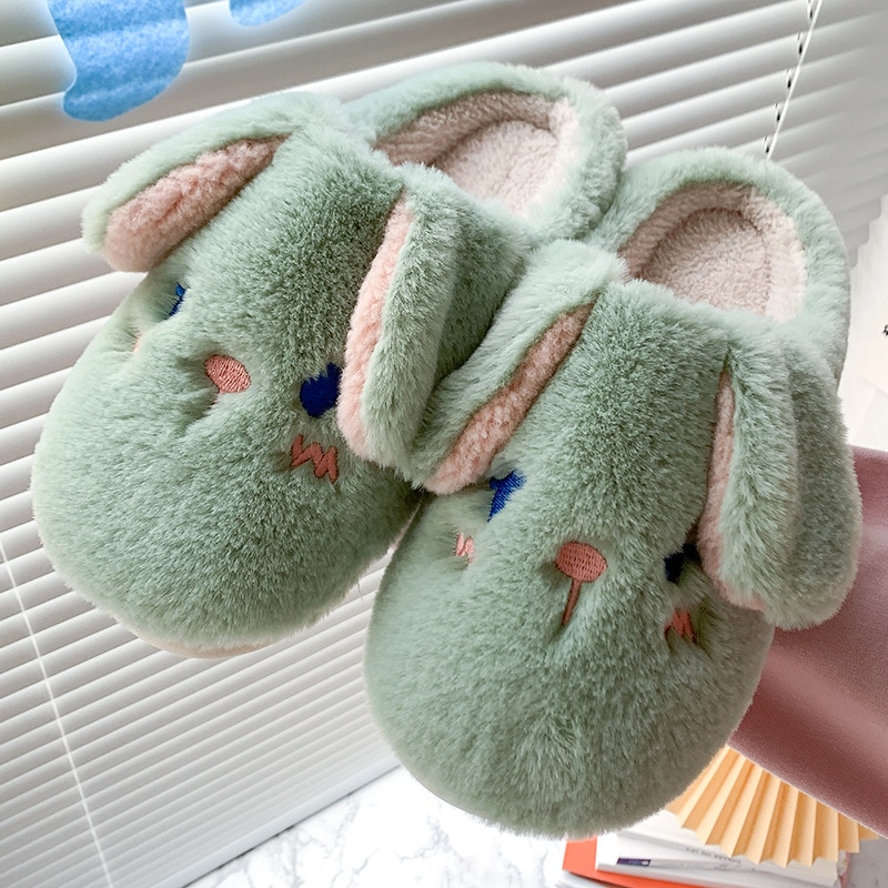 Kawaii Rabbit Cotton Slippers for Women Autumn Winter Warm Home.Indoor Slippers Super Soft Short Plush Furry Cartoon Bunny Shoes