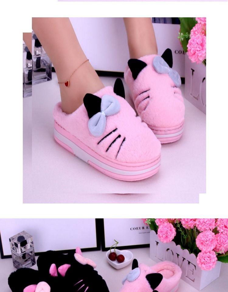 Cartoon Cat Mules Shoes Womens Bedroom Slippers Girls Pink Slides Home Room Shoes Woman Platform Bowknot Fuzzy Slippers Female
