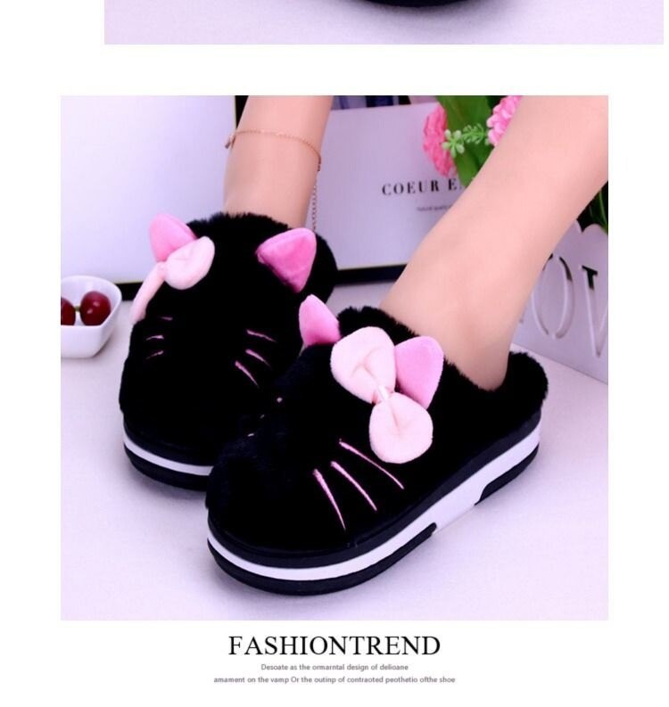 Cartoon Cat Mules Shoes Womens Bedroom Slippers Girls Pink Slides Home Room Shoes Woman Platform Bowknot Fuzzy Slippers Female