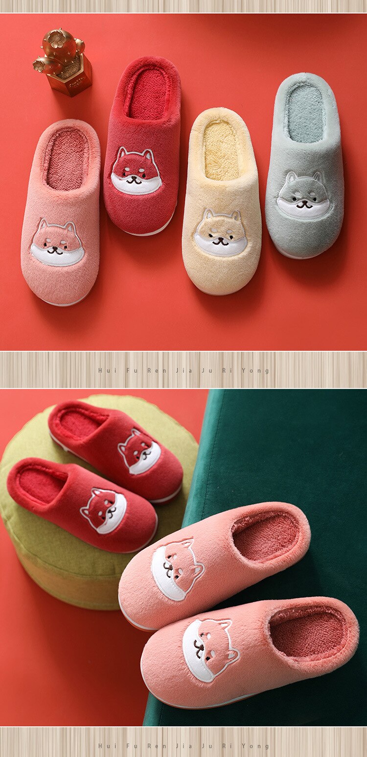 Women Plush Slippers Winter Home Slippers Cartoon Shiba Inu Shoes Non-slip Soft Warm House Slippers Indoor Bedroom Slippers