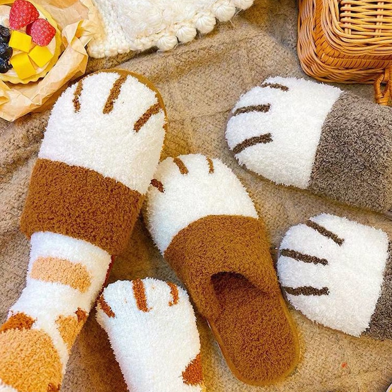 Winter Indoor Ladies Cotton Shoe Cute Cartoon Cat Paw Men Women Lovers Furry Slides Plus Velvet Warm Soft Bottom Female Slippers