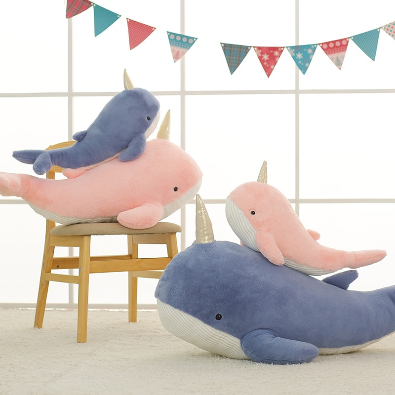 60/90cm/120cm New Soft Blue Narwhal Grey Shark Fantastic Plush Toy Stuffed Sea Animals Unicorn Horn Sleep Pillow Gift For Kids