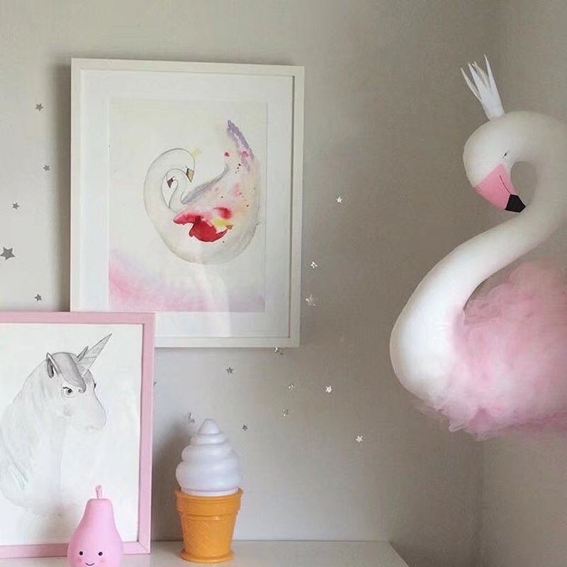 Animal Head Swan Flamingo Wall Hanging Stuffed Plush Toy Princess Doll for Girl Baby Kid Gift Nursery Room Wall Decor Supplies