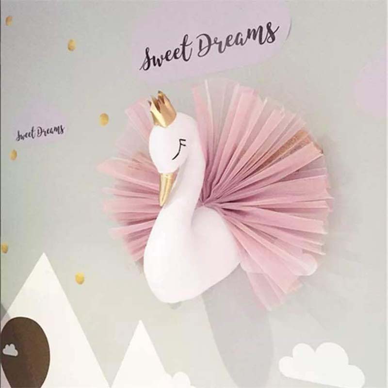 Animal Head Swan Flamingo Wall Hanging Stuffed Plush Toy Princess Doll for Girl Baby Kid Gift Nursery Room Wall Decor Supplies