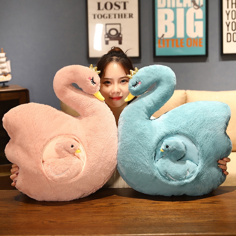 Fantastic Fluffy Hair Soft Swan Wedding Plush Toy Stuffed Animals Crown Green and Pink Swan can With Blanket Gift for Couples