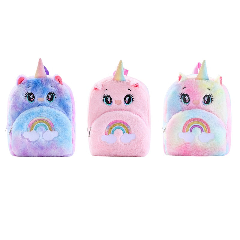Furry Plush Winter Backpack Children Kids Rainbow Unicorn Schoolbag Princess Girls Hand Warmer School Bags Cute Pink Purse