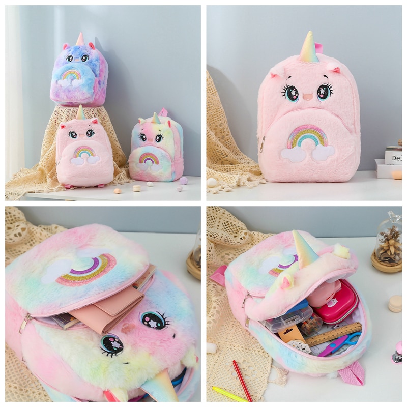 Furry Plush Winter Backpack Children Kids Rainbow Unicorn Schoolbag Princess Girls Hand Warmer School Bags Cute Pink Purse