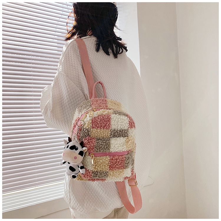 Latticed Faux Fur Small Shoulders Bag Color Contrast Plush Women Mini Backpack Cute Plaid Furry Women Bag For Girls 2021 Gifts
