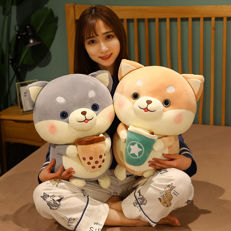 20/35/45cm Kawaii Shiba Inu Dog Holding Bubble Tea Cup Plush Toys Stuffed Soft Animal Pillow Dolls for Girls Birthday Gifts