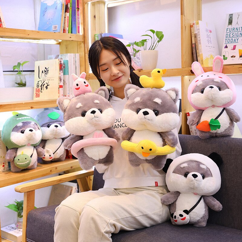 25/35CM Japan Cute Shiba Inu Dog Stuffed Animal Panda Cosplay hooded Dressing Children Plush Dog with Fruit Crossbody Bag
