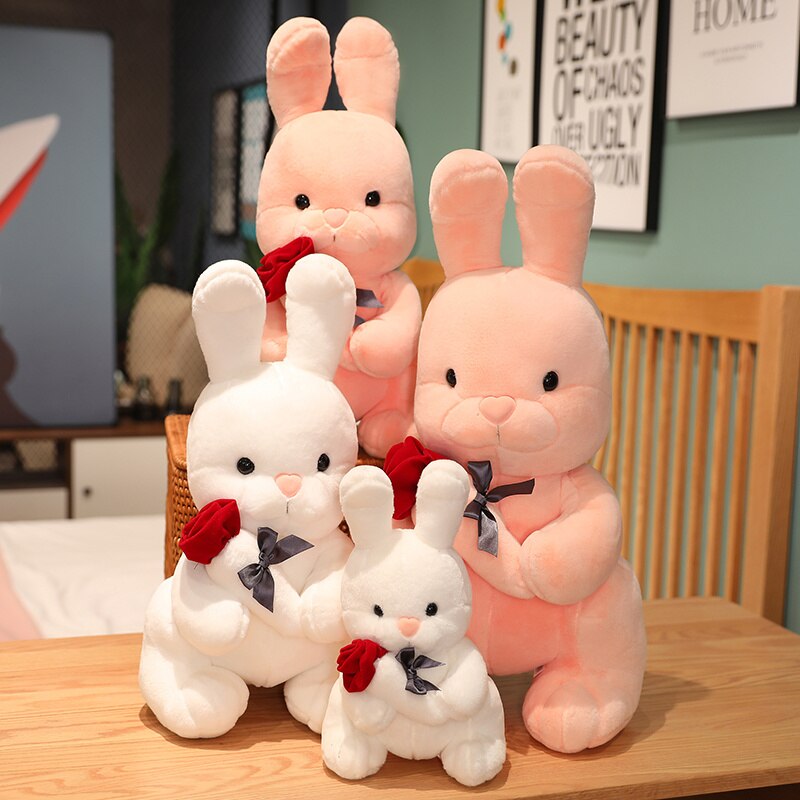 30/50/60cm Lovely Rabbit Holding Rose Flower Plush Toys Kawaii Baby Kids Cute Dolls Stuffed Soft Animal Pillow for Children Gift