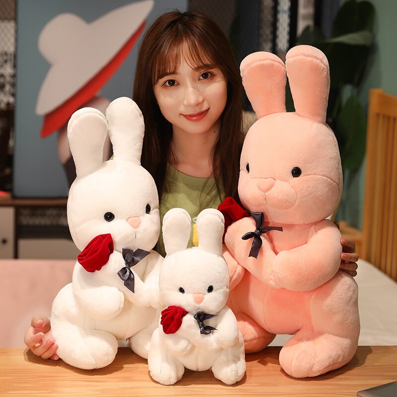 30/50/60cm Lovely Rabbit Holding Rose Flower Plush Toys Kawaii Baby Kids Cute Dolls Stuffed Soft Animal Pillow for Children Gift