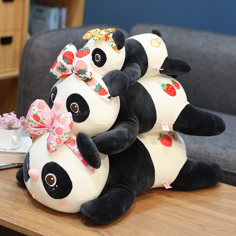 28-65cm Cute Fruits Panda with Bow Plush Toys Cartoon Animal Stuffed Pillow Dolls for Children Boys Baby Birthday Christmas Gift