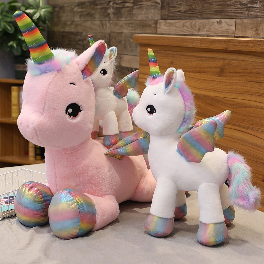 40-80cm Lovely Rainbow Glowing Wings Unicorn Plush Toy Giant Stuffed Animal Doll Fluffy Hair Fly Horse Toy for Child Girls Gift