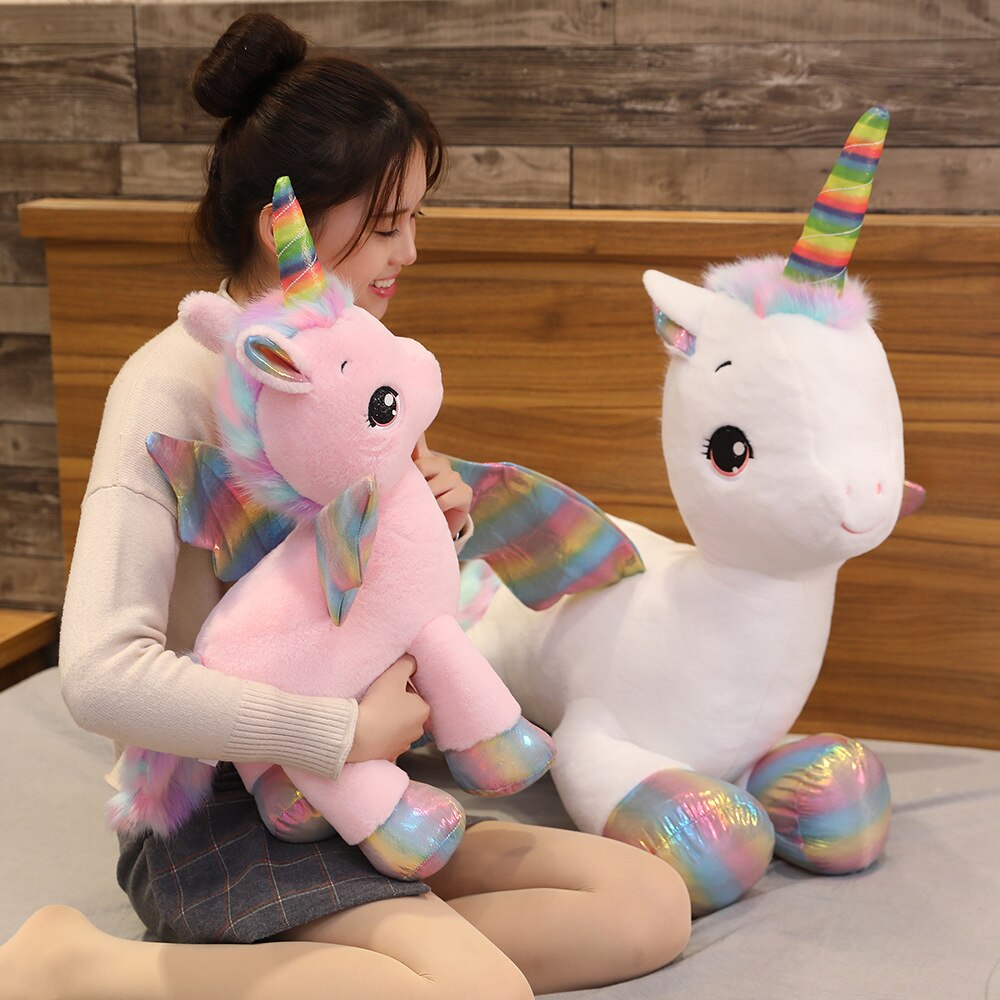 40-80cm Lovely Rainbow Glowing Wings Unicorn Plush Toy Giant Stuffed Animal Doll Fluffy Hair Fly Horse Toy for Child Girls Gift