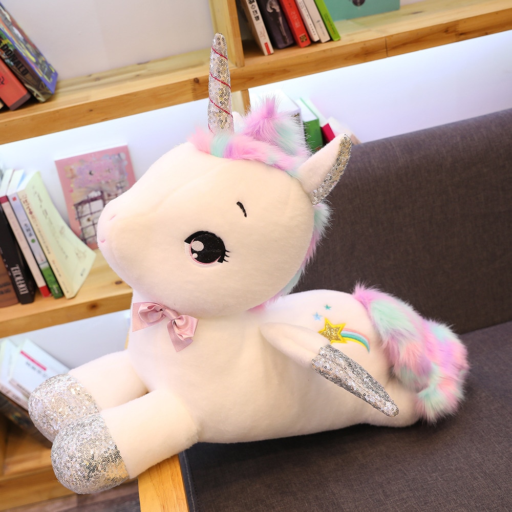 80cm Giant Unicorn Plush Toys Stuffed Animal Horse Pillow for Girls Sequin Horn Soft Doll Home Bed Decor Birthday Gift for Lover