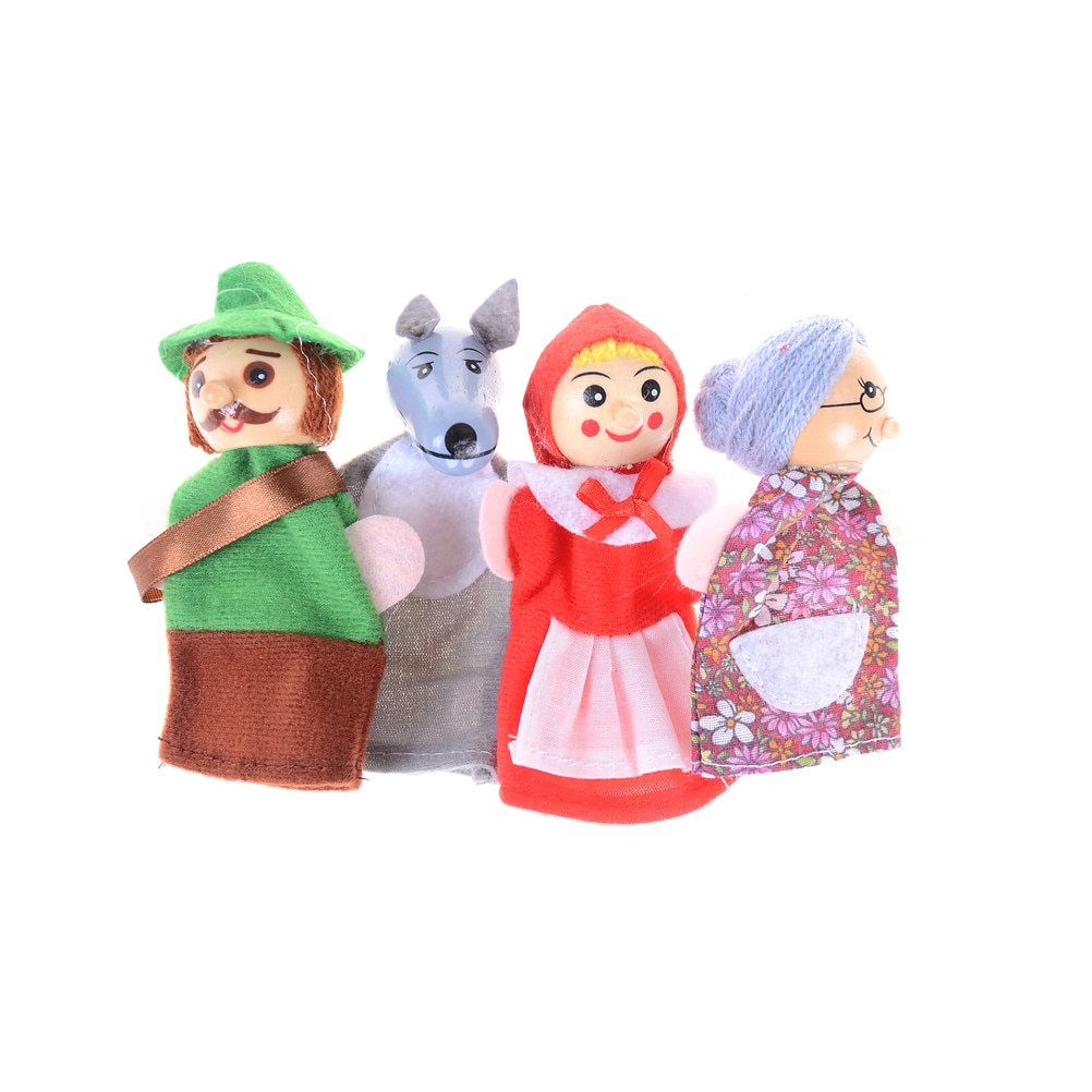 4pcs/Lot Little Red Riding Hood Wooden Headed Fairy Tale Story Telling Hand Puppets Kids Finger Puppets Doll Plush Toys