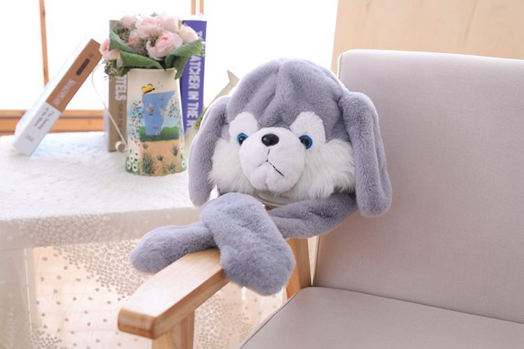 Husky Hooded With Ears Moving Plush Hat Stuffed Toy Cap
