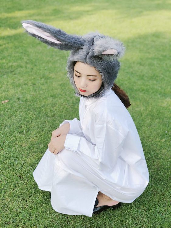 Gray Long-haired Bunny Ears Headgear Hood Hat Plush Toy Birthday Stuffed Cap Gift