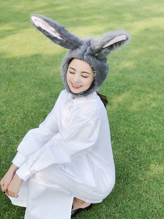 Gray Long-haired Bunny Ears Headgear Hood Hat Plush Toy Birthday Stuffed Cap Gift