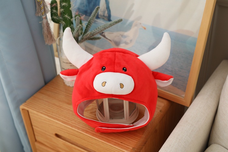 Red Yellow Milk Cow Hood Hat Plush Toy Birthday Stuffed Cap Gift