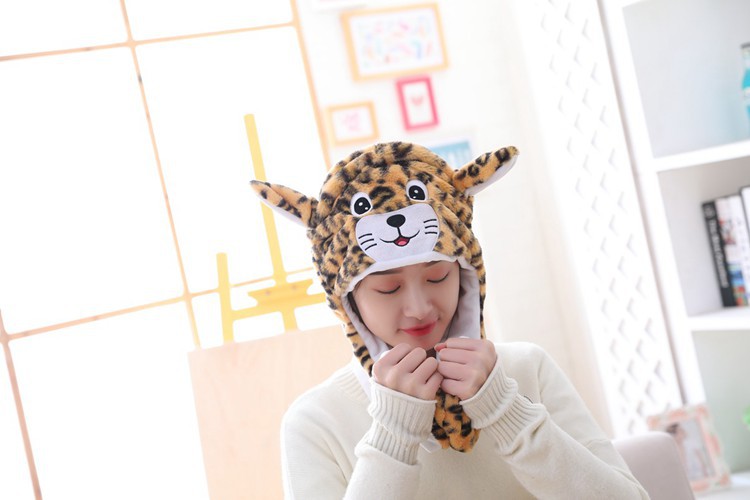 Leopard With Ears Moving Hood Hat Plush Toy Birthday Stuffed Cap Gift