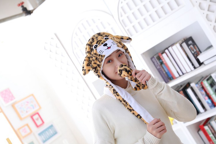 Leopard With Ears Moving Hood Hat Plush Toy Birthday Stuffed Cap Gift