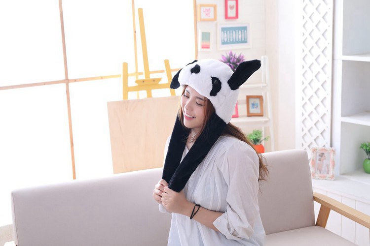 Panda Headgear With Ears Moving Hood Hat Plush Toy Birthday Stuffed Cap Gift