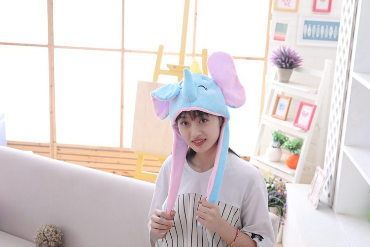 Elephant Headgear With Moving Ears Hood Hat Plush Toy Birthday Stuffed Cap Gift