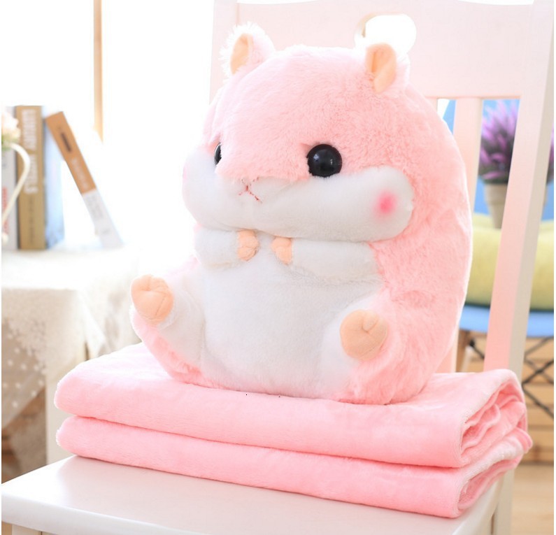 Hamster Plush Doll With Pillow Carpet Dual-use Soft Stuffed Kid Cushion Blanket Air Conditioning Cushion Coral Fleece Blanket