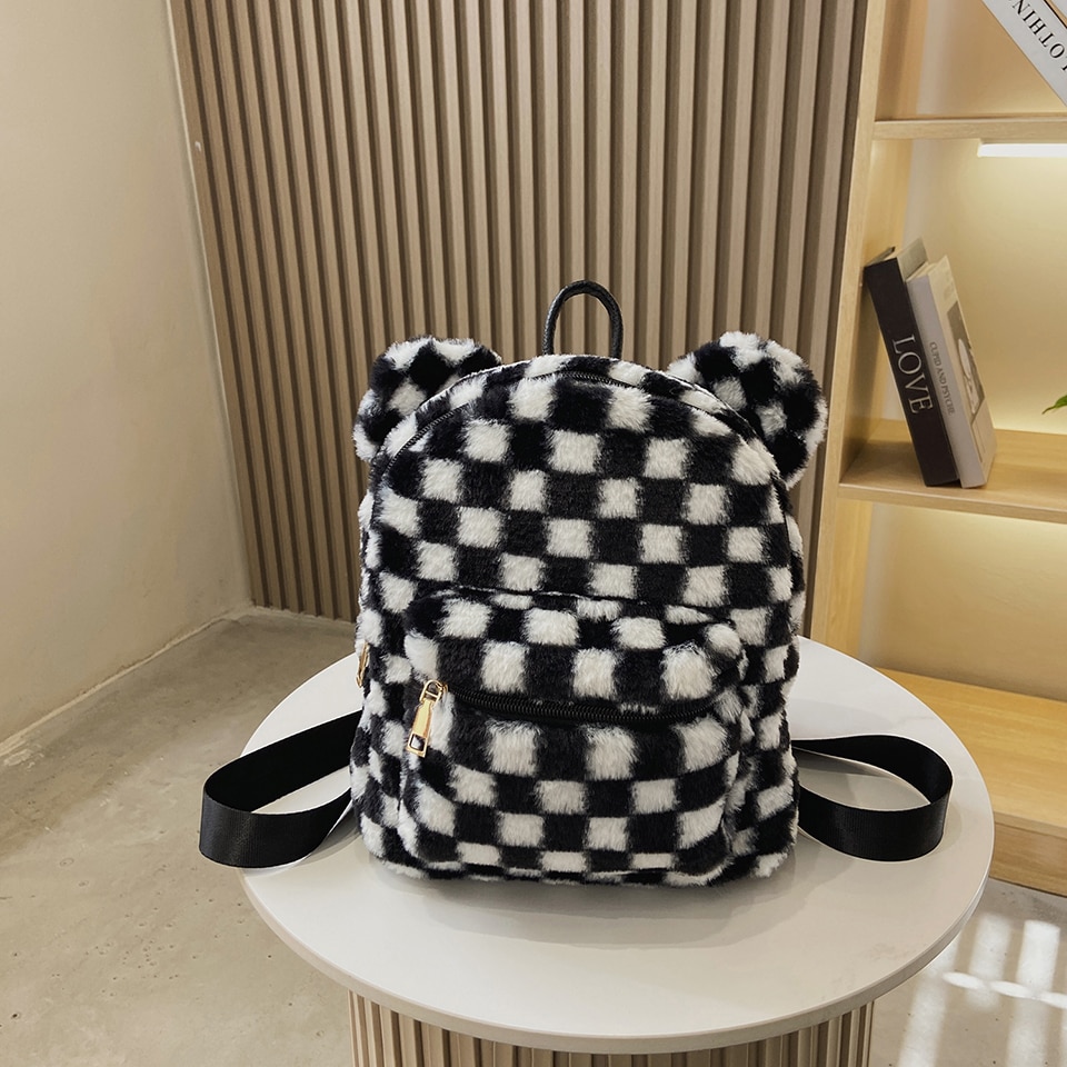 Checkered Furry Soft Plush Backpack -  - World of