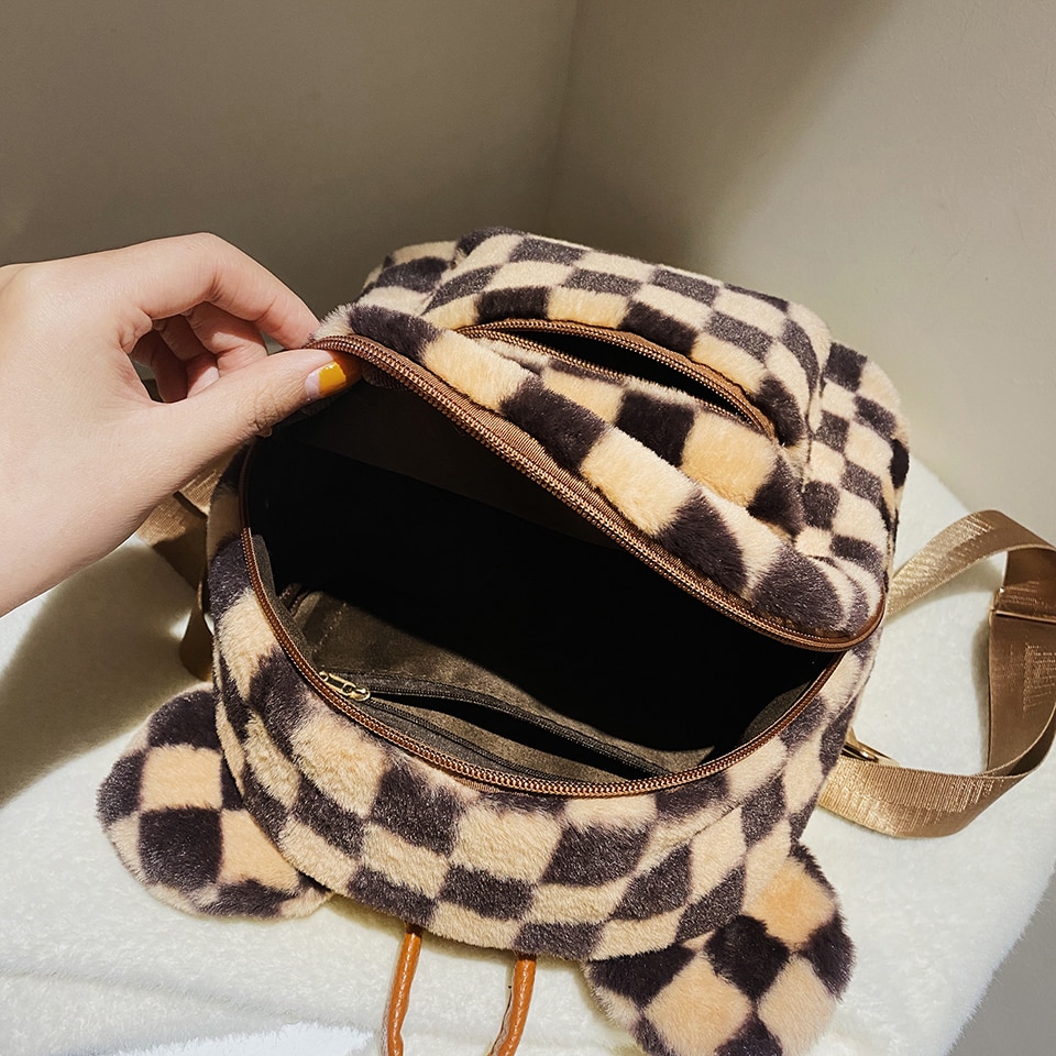 Kawaii Plaid Furry Bagpack Checkered Mini Fluffy Backpack For Women 2021 Bear Ears Plush Backpack Chessboard Fur Shoulders Bag