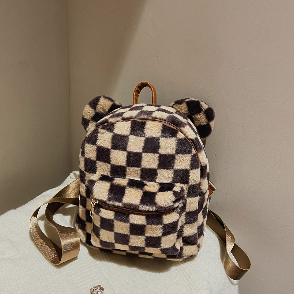 Kawaii Plaid Furry Bagpack Checkered Mini Fluffy Backpack For Women 2021 Bear Ears Plush Backpack Chessboard Fur Shoulders Bag