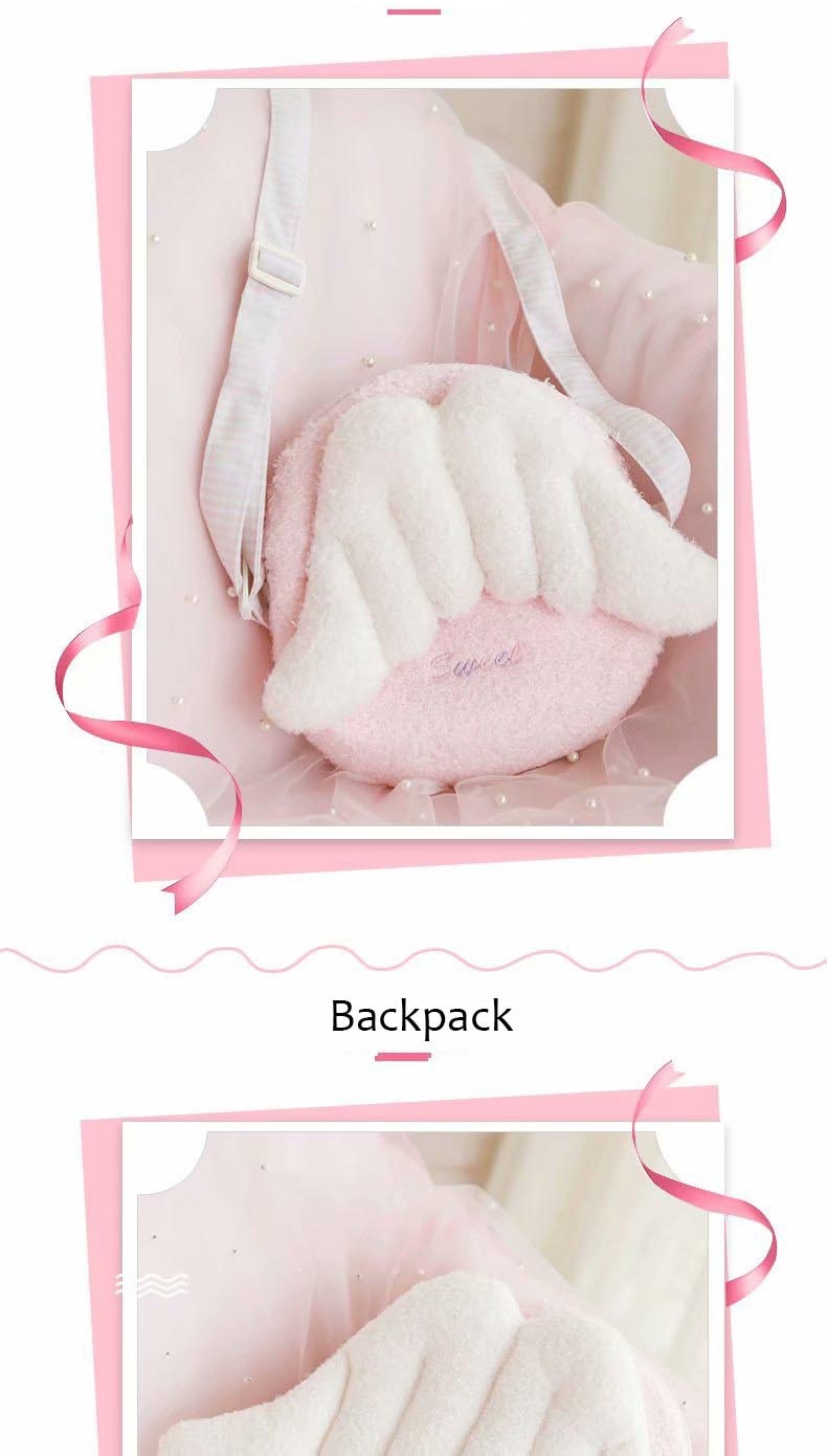 pink angel wings plush backpacks kawaii designer-look crossbody bag with wings backpack kids school shoulder bag woman girls