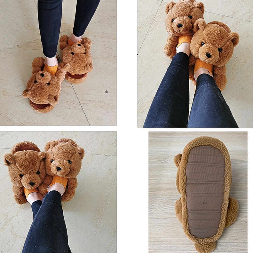 Women Teddy Bear Plush Slippers Cartoon Cute Bear House Slipper Winter Warm Furry Faux Fur Slides Woman Furry Flip Flop Shoes