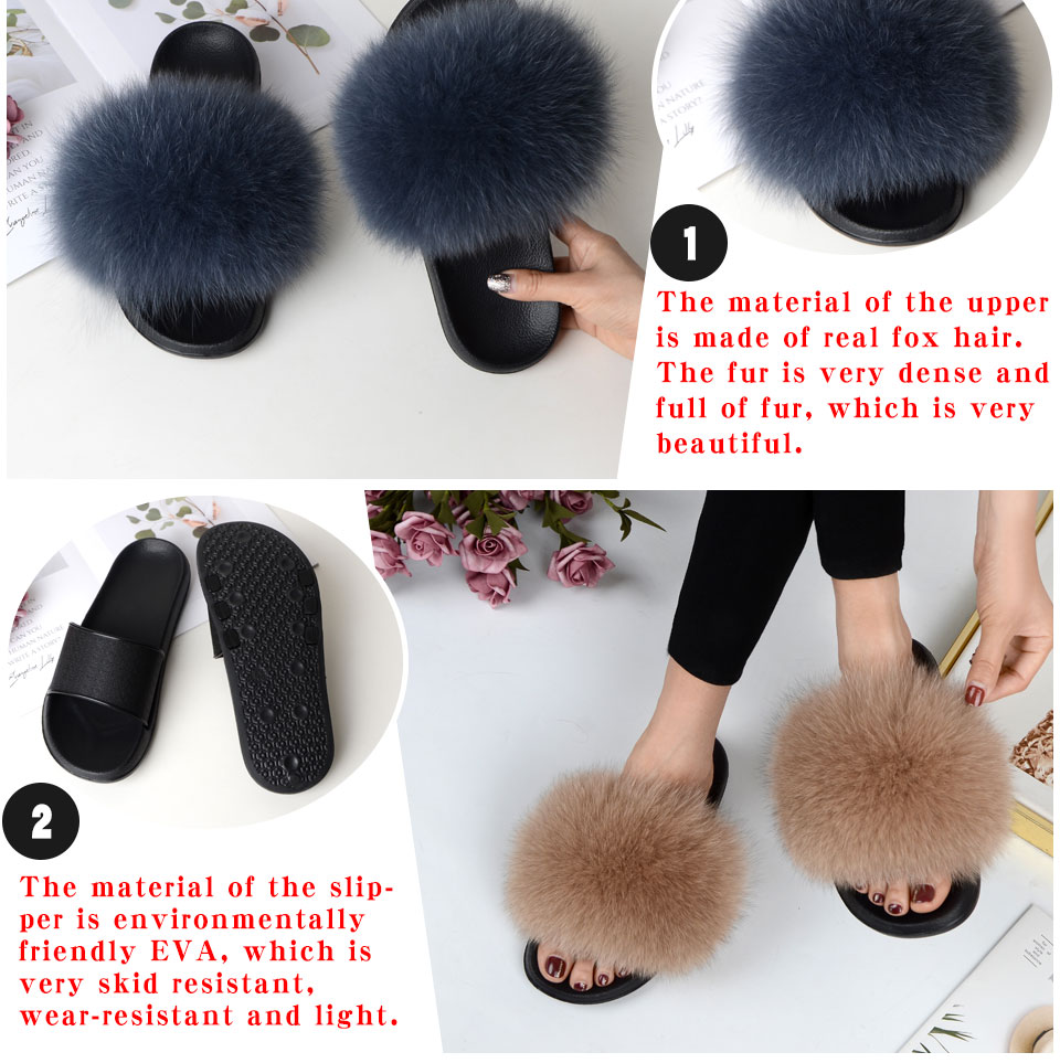 Women Summer Casual Fluffy Slippers With Fur Flat Non-Slip Real Fox Fur Furry Slides Large Size Shoes Fur Sandals Free Shipping