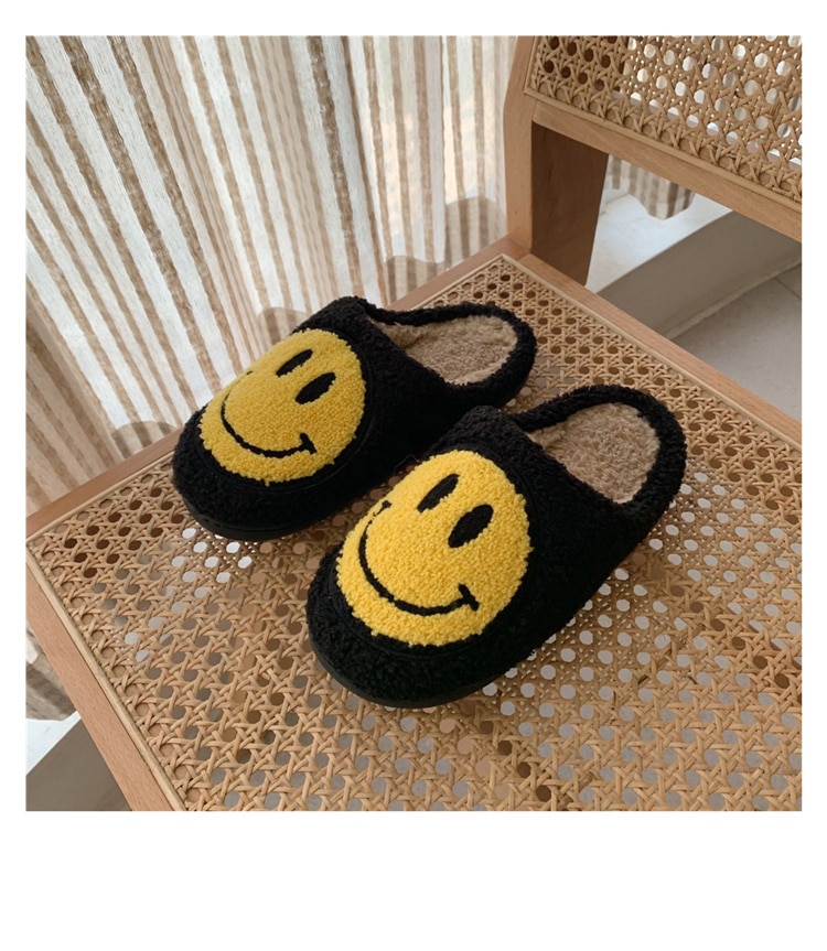 Winter Big Smiley Pattern Women Fur Slippers House Couples Men Fluffy Slides Autumn Warm Plush Bedroom Ladies Cotton Shoes