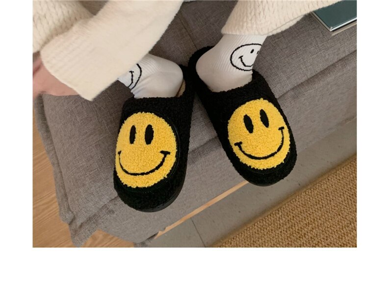 Winter Big Smiley Pattern Women Fur Slippers House Couples Men Fluffy Slides Autumn Warm Plush Bedroom Ladies Cotton Shoes