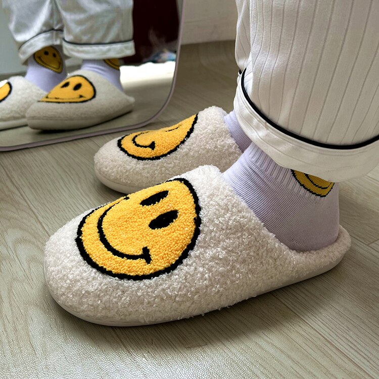 Winter Big Smiley Pattern Women Fur Slippers House Couples Men Fluffy Slides Autumn Warm Plush Bedroom Ladies Cotton Shoes