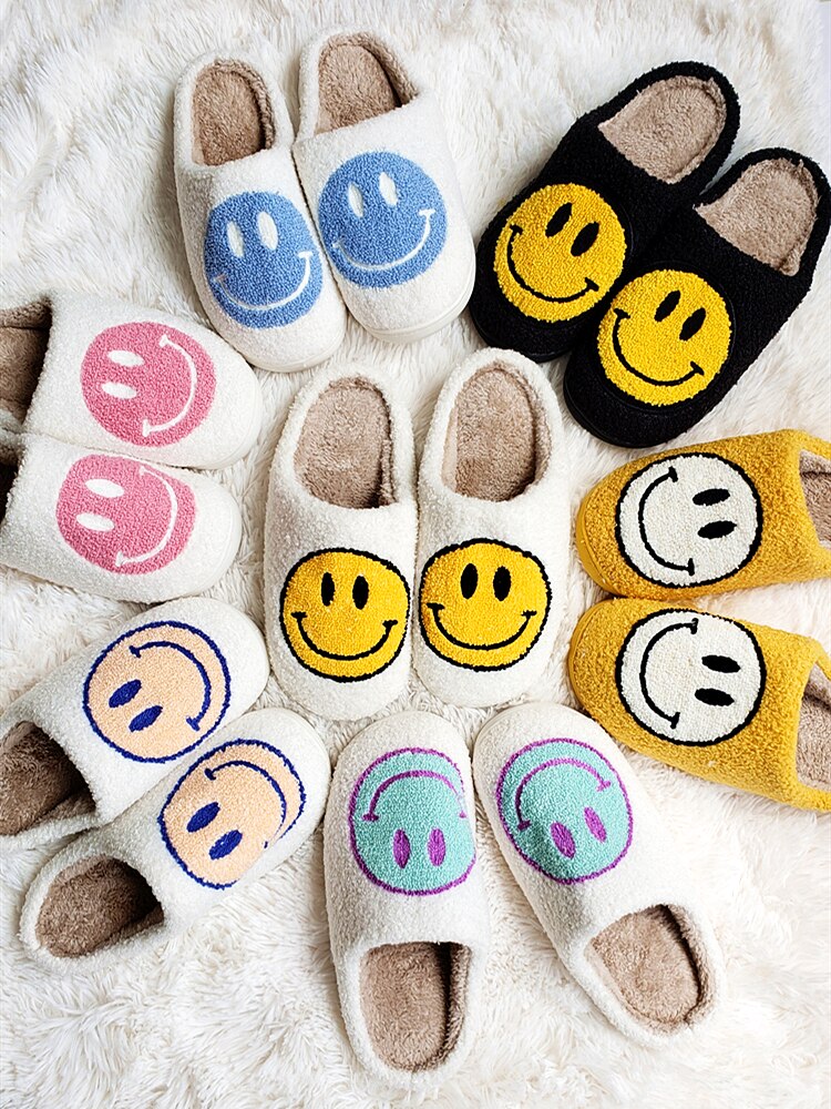 Winter Big Smiley Pattern Women Fur Slippers House Couples Men Fluffy Slides Autumn Warm Plush Bedroom Ladies Cotton Shoes