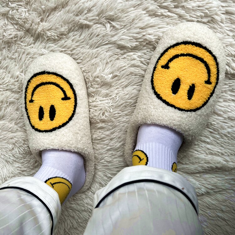 Winter Big Smiley Pattern Women Fur Slippers House Couples Men Fluffy Slides Autumn Warm Plush Bedroom Ladies Cotton Shoes