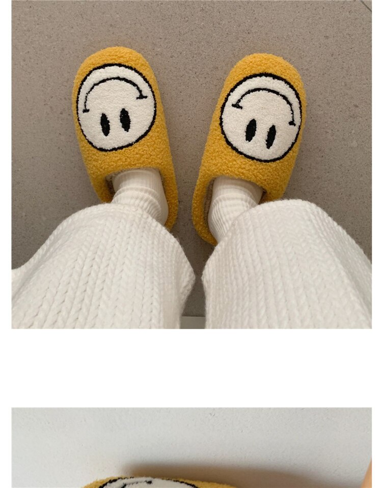 Winter Big Smiley Pattern Women Fur Slippers House Couples Men Fluffy Slides Autumn Warm Plush Bedroom Ladies Cotton Shoes