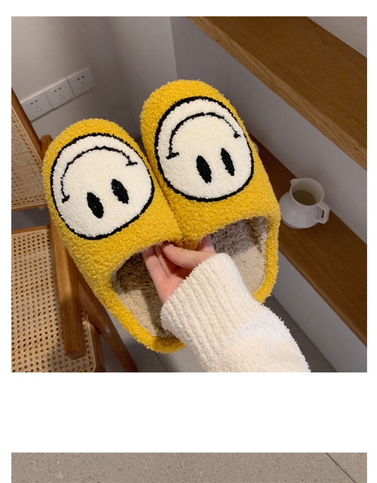 Winter Big Smiley Pattern Women Fur Slippers House Couples Men Fluffy Slides Autumn Warm Plush Bedroom Ladies Cotton Shoes