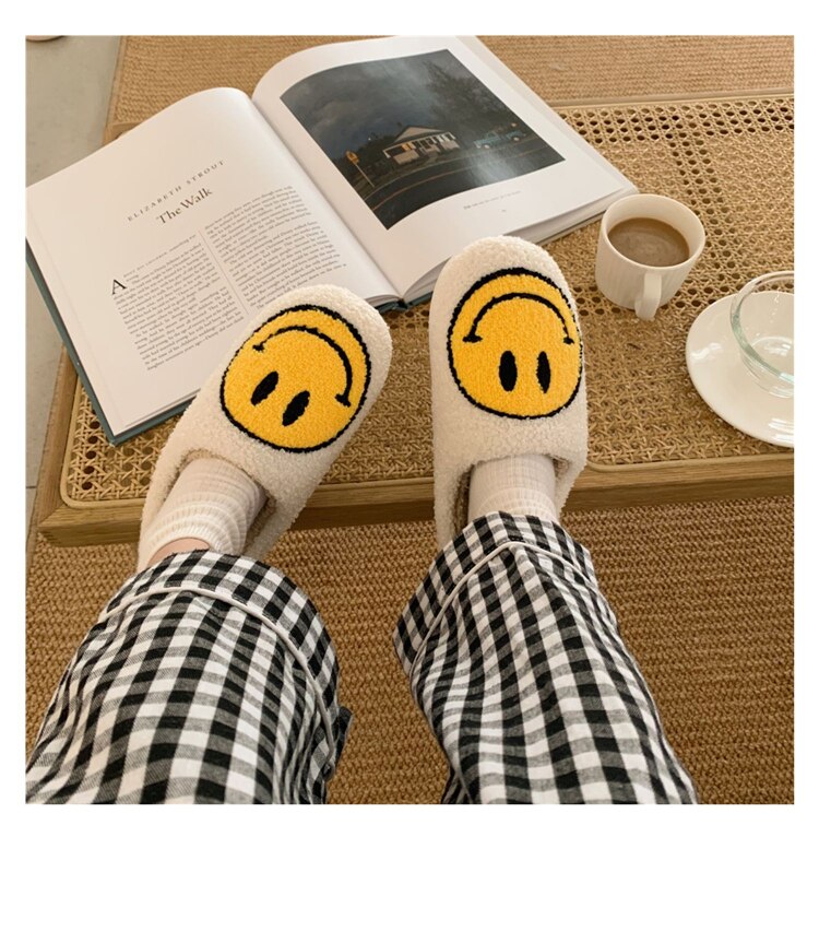 Winter Big Smiley Pattern Women Fur Slippers House Couples Men Fluffy Slides Autumn Warm Plush Bedroom Ladies Cotton Shoes