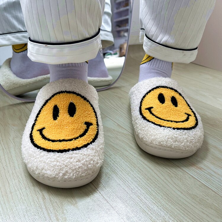 Winter Big Smiley Pattern Women Fur Slippers House Couples Men Fluffy Slides Autumn Warm Plush Bedroom Ladies Cotton Shoes