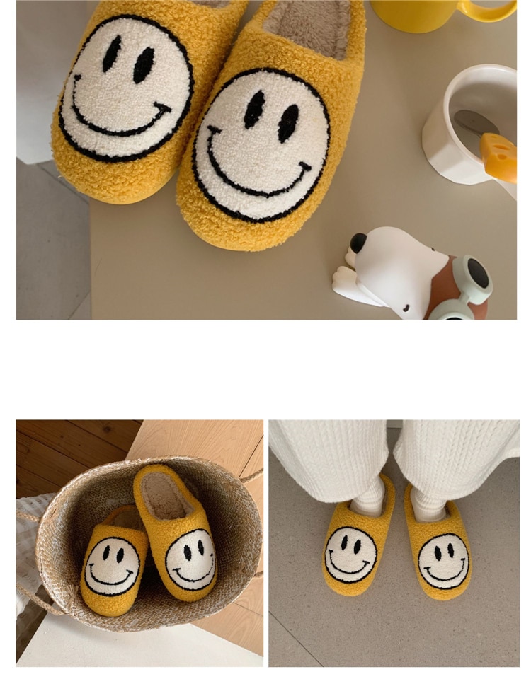 Winter Big Smiley Pattern Women Fur Slippers House Couples Men Fluffy Slides Autumn Warm Plush Bedroom Ladies Cotton Shoes