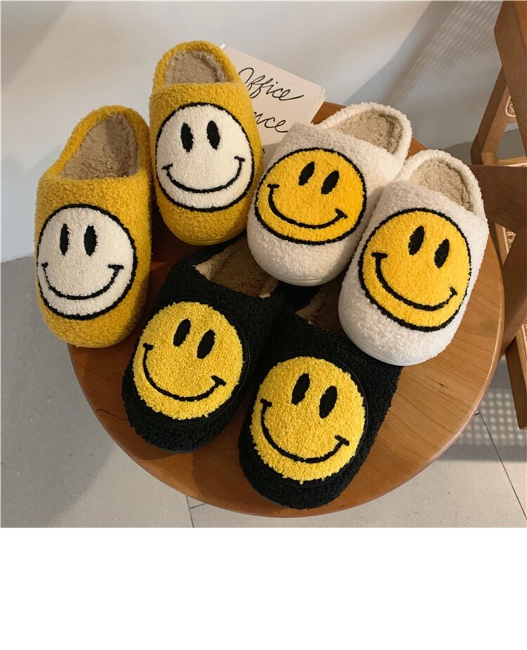 Winter Big Smiley Pattern Women Fur Slippers House Couples Men Fluffy Slides Autumn Warm Plush Bedroom Ladies Cotton Shoes